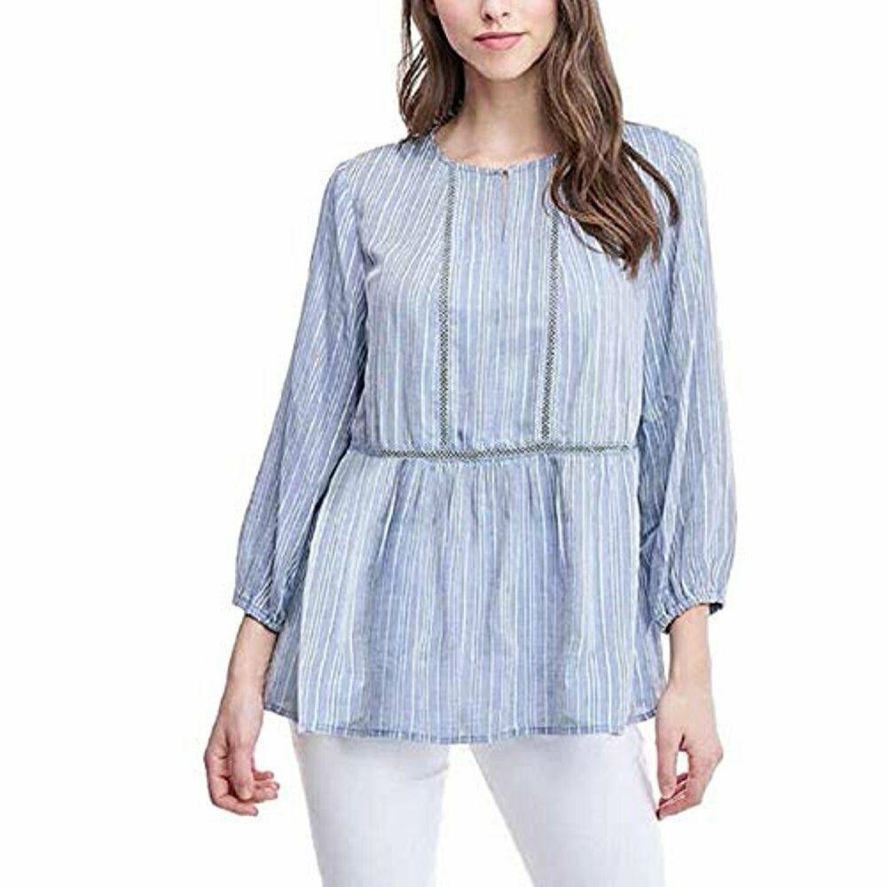 Mid-sleeve blue linen work blouse